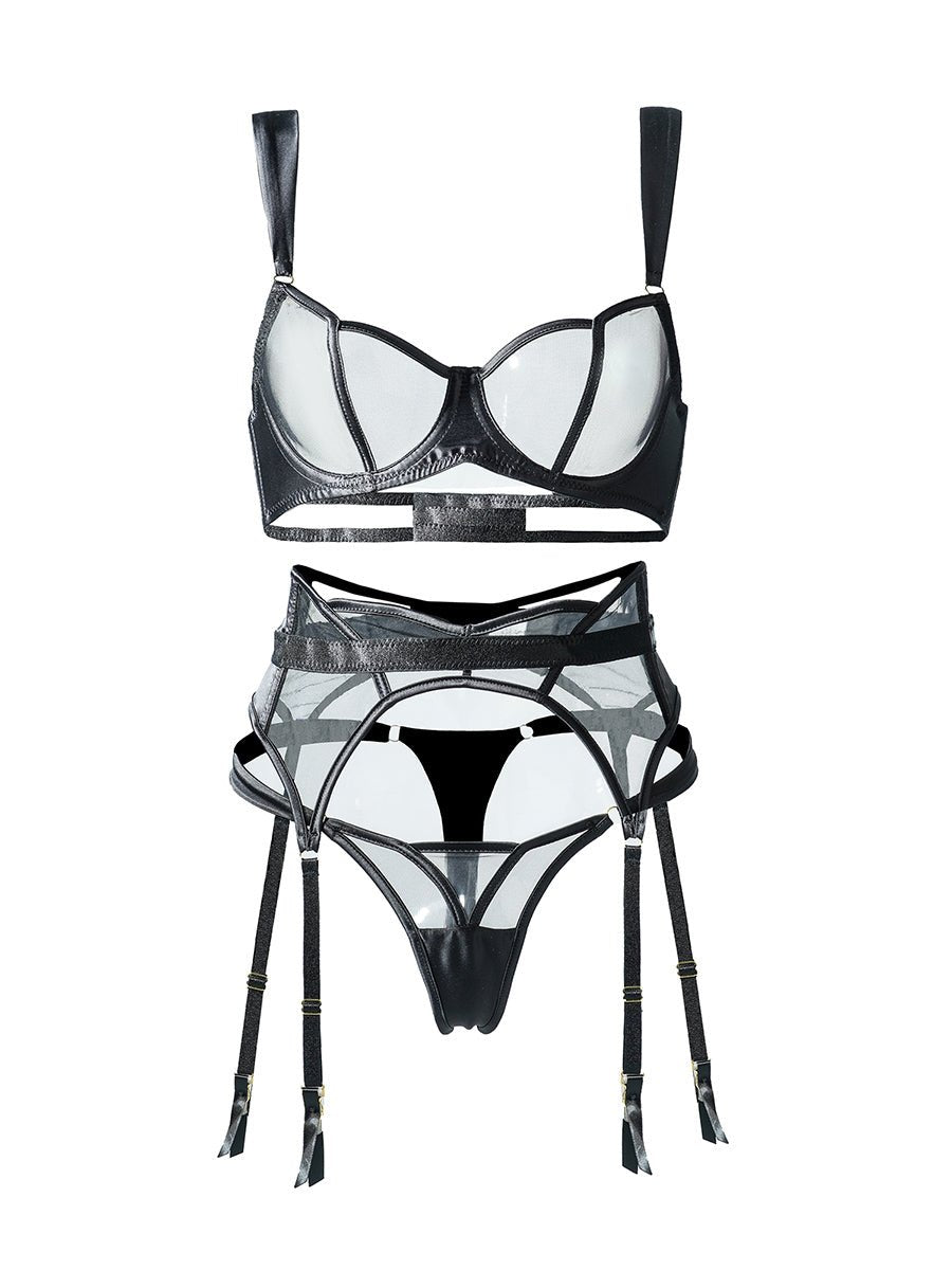 Black See Through Mesh Sexy Push Up Lingerie Set - ginlerie